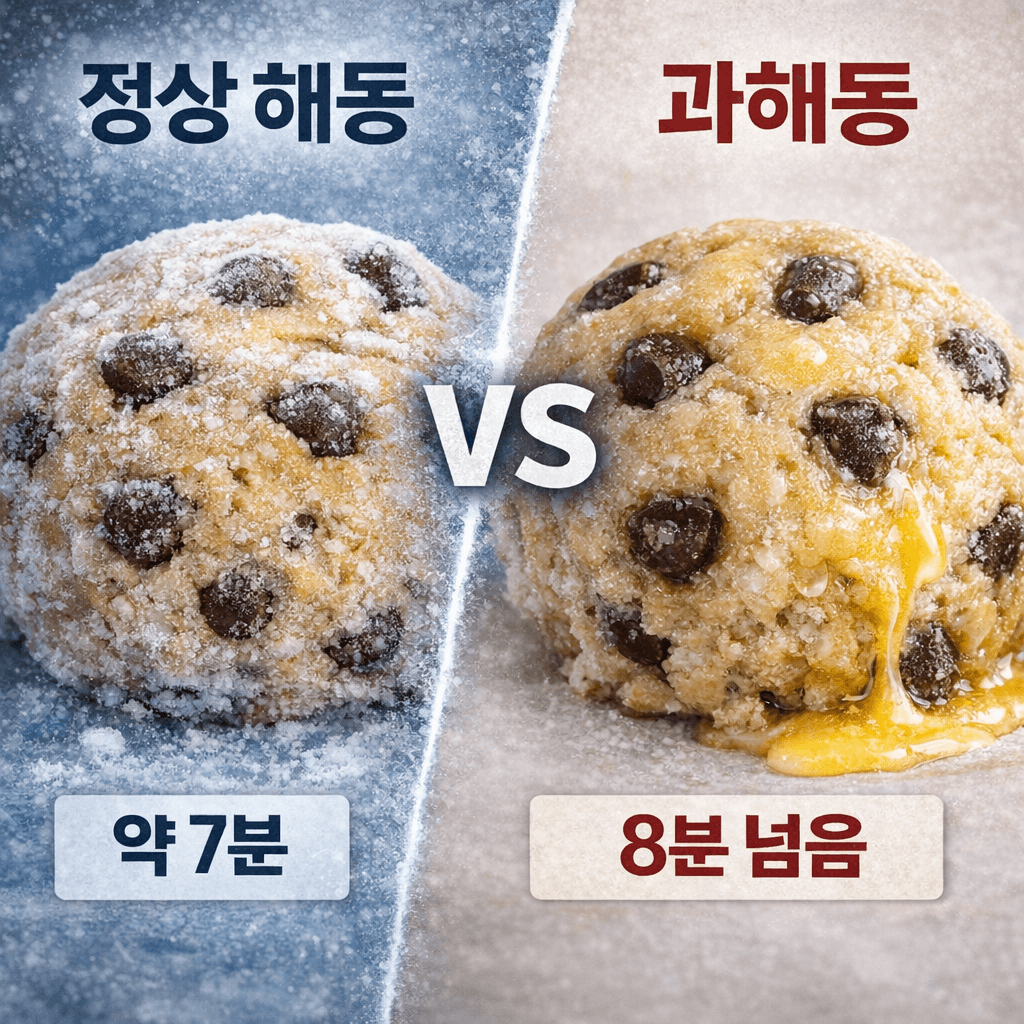 냉동 쿠키 반죽을 해동하는 과정과 8분 기준 설명 사진