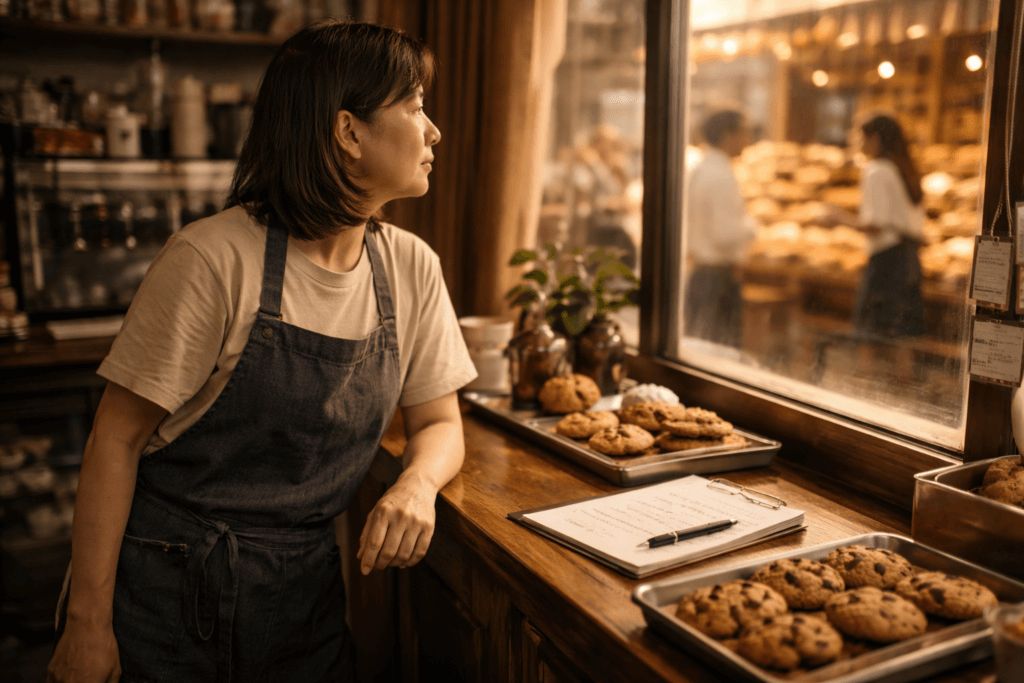 카페 사장이 옆 가게를 보며 메뉴 추가를 고민하는 모습