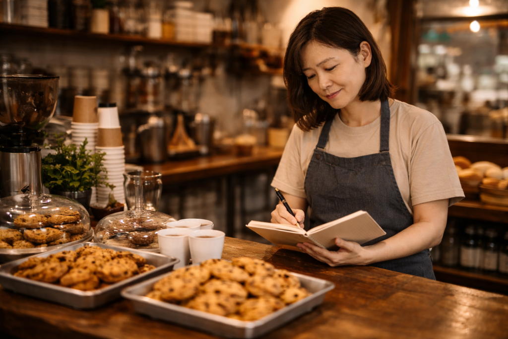 카페에서 안정적으로 쿠키를 판매하며 수익 구조를 관리하는 모습