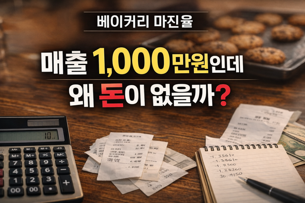 베이커리 마진율 계산법 썸네일 이미지, 매출 1,000만원인데 왜 돈이 없을까라는 문구와 계산기 영수증이 보이는 장면