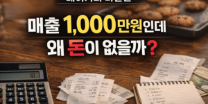 베이커리 마진율 계산법 썸네일 이미지, 매출 1,000만원인데 왜 돈이 없을까라는 문구와 계산기 영수증이 보이는 장면