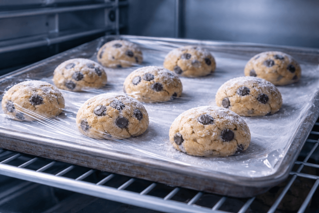 냉동 반죽 해동 방법에서 냉장 해동을 위해 트레이에 정리 보관한 쿠키 반죽