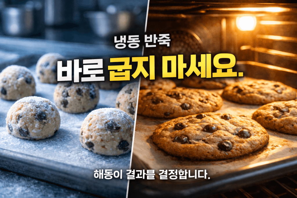 냉동 반죽 해동 방법 차이로 발생하는 쿠키 퍼짐 비교 이미지