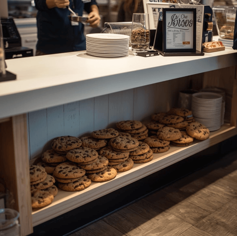 카페 계산대 아래 낮은 위치에 진열된 쿠키