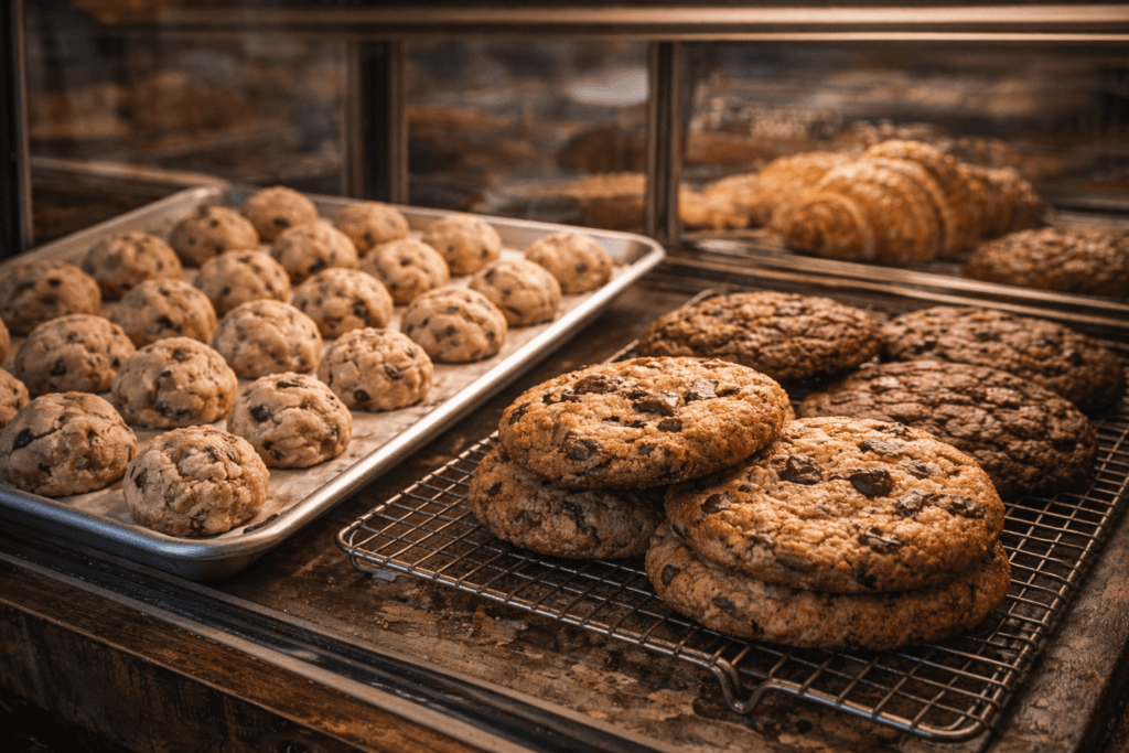 카페 진열대에 정돈된 초코칩 쿠키와 더블초콜릿 쿠키 모습