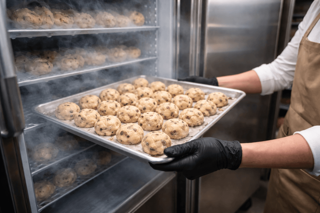 냉동실에서 트레이에 담긴 쿠키 생지를 꺼내는 모습